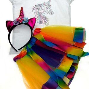 Unicorn Girls Costume T Shirt Tutu Rainbow Skirt Halloween XS